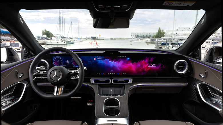 A colorful display and purple interior lighting in the electric Mercedes-Benz C-Class