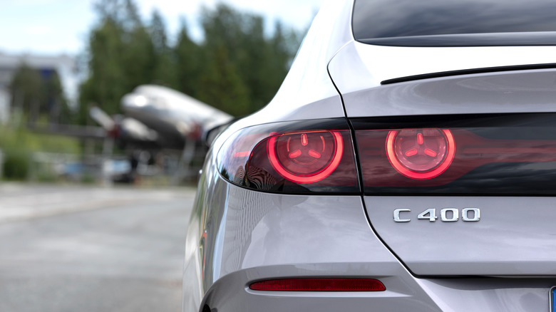 A close up of the rear end of the electric Mercedes-Benz C-Class