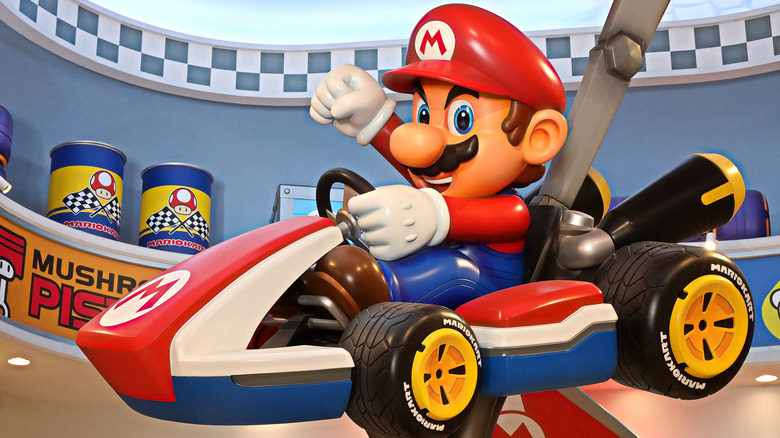 OSAKA, JAPAN - SEP 10, 2023 : Mario and Mario Kart at the goods store at the exit of the attraction Mario Kart in Nintendo World.Super Nintendo World is a themed area at Universal Studios Japan.